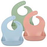 MOJINL 3 Stück Silikon Baby Lätzchen Wasserdicht Fütterlätzchen Abwaschbares Babylätzchen BPA Frei mit Auffangschale für Kleinkinder Essen und Baby Fütterung (Grün, Blau, Orange)