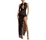 OCUH Sexy Schlitzkleid für Damen, Spitze, durchscheinend, Maxikleid, ärmellos, schmale Passform, hoher Schlitz, Club-Partykleid, Schwarz, Klein