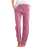 Keepink Hose für Damen, elastische Taille, Kordelzug, lässig, Baumwolle, Leinen, modische Sommerhose mit Taschen, Activewear, Lounge, gerades Bein, Jogginghose, Übergröße, S-3XL, 4 x Pink, S