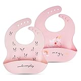 Vicloon Silikon Baby Lätzchen,2 Stück Baby Lätzchen mit Auffangschale,BPA Frei,Einfache Reinigung,Wasserdicht Silikon-lätzchen für Jungen Mädchen Rosa