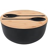 GEHE Salatschüssel aus Servierbesteck – große Rührschüsseln aus massivem Bambus, Salatschüssel mit Bambusdeckel, Löffel für Obst, Salate und Dekoration
