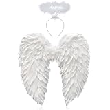 60CM Engelsflügel Weiß mit Heiligenschein,Engel Flügel,Federflügel Engel,Engels Flügel Kostüm,Engel Flügel für Damen und Mädchen,Party Fasching Kostüme Deko,Kostümparty Verkleidung