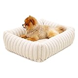 Leikurvo Hundebett Mittelgroße Hunde orthopädisch, 63x53x18 Hundebett Waschbares Hundekorb mit hohem Rand, Rechteckig, Cord Fleece, Rutschfestes Hundekörbchen Hunde bettchen Hundesofa, Weiß