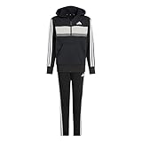 adidas Unisex Kinder SEASONAL ESSENTIALS TIBERIO 3 STRIPES FLEECE TRACKSUIT, black/white/grey two, 13-14 Years