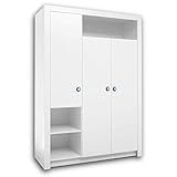 Stella Trading PAULA Eleganter Babyzimmer Kleiderschrank 3-türig - Vielseitiger Drehtürenschrank mit viel Stauraum in Weiß - 137 x 195 x 56 cm (B/H/T)