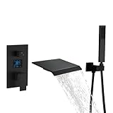 Wasserfall Badewannenarmatur mit Handbrause, Einhebelmischer Duscharmatur mit Digitalanzeige Wannenarmatur Wandmontage Messing Mischbatterie Badewanne mit 150CM Schlauch(Black)