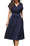 Cassiecy Sommerkleid Damen Knielang Kurzarm Blusenkleid Elegant V-Ausschnitt Midikleid Casual Wickelkleid Strandkleid mit Taschen（M,Marineblau）