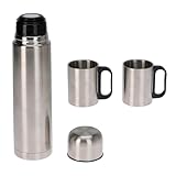2-teiliges Set Edelstahl Isolierkanne 1 Liter + 2 Isolier-Kaffeebecher - doppelwandig, vakuumisoliert, tropffrei, ideal für Kaffee & Tee oder Suppen