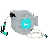 Outsunny Schlauchtrommel mit Gartenschlauch 25m, 180° schwenkbar Schlauchbox, Schlauchaufroller zur Wandmontage, Wasserschlauchaufroller mit automatische Aufrollung, 7-Funktionen Handbrause, Grün+Grau