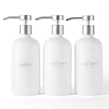 Janxin Shampoo- und Spülungsspender, Set mit 3 nachfüllbaren 600 ml Shampoo-Flaschen mit rutschfestem Silikon-Pad, Duschseifenspender mit wasserdichten Etiketten für Badezimmer (weiß)