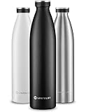 LINFELDT 1L Trinkflasche Edelstahl Isoliert 24H Auslaufsicher + Sprudel - 1000ml Wasserflasche geignet für Sport und Kohlensäure - 24H Kalt & 12H Heiß - BPA Frei - Ergonomisch in Schwarz