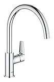 GROHE BauEdge – Einhebel-Küchenmischbatterie (Einlochmontage, hoher Auslauf, Schwenkbereich 360˚, 28-mm-Keramikkartusche, Auslauf 3/8 Zoll), einfache Installation, Größe 332 mm, Chrom, 31367001