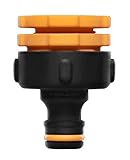 Fiskars Hahnverbinder Multi, Innengewinde für verschiedene Wasserhahngrößen, Für drei Gewindegrößen Ø 21 mm (1/2'), Ø 26,5 mm (3/4') und Ø 33,3 mm (1'), 17 g, Schwarz/Orange, 1027051