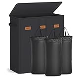 SONGMICS 42.2 Gallon (160L) Wäschesammler, 3-Fach Wäschekorb Sortierer mit Deckel, Etiketten, Herausnehmbare Auskleidungstaschen, für Schlafzimmer, Tintenschwarz URLH013B01