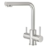 CREA 3 Wege Wasserhahn Küche, 360° Drehbar Küchenarmatur, 3 in 1 Mischbatterie für Wasserfilter, Trinkwasserhahn mit 2 Hebel, Drei Wege Armatur Küche aus Edelstahl,Gebürstete Oberfläche
