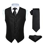 HISDERN Anzugweste für Herren Schwarz Hochzeit Weste und Krawatte und Einstecktuch Set Einfarbige Weste Herren Anzug mit Taschen Party 4XL