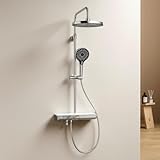 EMKE Duschsystem mit Thermostat, Digitales Display Duscharmatur mit Thermostat, LED-Beleuchtung Regendusche mit Armatur, Duschset mit Handbrause 3 Strahlarten, Duschsäule Komplettset, Chrom