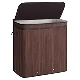 SONGMICS Wäschekorb mit Deckel, Bambus-Wäschekorb, abnehmbar, maschinenwaschbar, mit Griffen, 100 Liter, für Waschküche, Schlafzimmer, Badezimmer, Kastanienbraun ULCB062K01