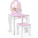 DREAMADE Kinder Schminktisch mit Hocker und abnehmbarer Spiegel, Prinzessin Frisiertisch für Kinder, Frisierkommode mit Schublade Kinderschminktisch für Mädchen (Weiß)