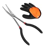 DELAESI Angelzange Gebogen 28cm Hakenlöser Angeln Hakenlösezange mit 1 Rechte Hand Angelhandschuhe Lang Angel Zange Angelzubehör für Fang von Raubfischen Verwendet