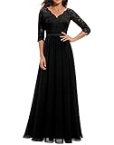 Daisyaner Damen Elegant Maxi Lang Abendkleid mit floraler Spitze V-Ausschnitt Brautjungfernkleider Ballkleid Bodenlang Cocktailkleid Hochzeit Abschlusskleid Schwarz L