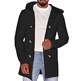 KINLYBO Herren Wintermantel mit Kapuze, mittellang, schmale Passform, Wolljacke mit Taschen, Schwarz , S