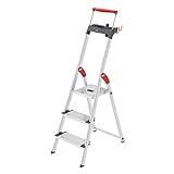 Hailo L84 ComfortLine Alu-Sicherheits-Stehleiter - 3 XXL-Stufen belastbar bis 150 kg - Tiefe Standfläche & Haltegriff - Stehleiter mit Ablage - Aluleiter Made in Germany - Leiter rostfrei - Silber