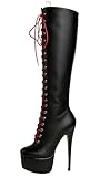 Veelau Meieer Damen Plateau Stiefel Kniehohe High Heels Schnürstiefel Stiletto Modische Reißverschluss Boots für Party, Club & Bühne Glatt Schwarz 42 EU