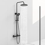 Acezanble Thermostat Duscharmatur Set Mattschwarz Rund 38°C Thermostat Duschsystem mit 20cm Regenduschkopf, Handbrause, Anti-Verbrühung Duscharmatur, Bar Kit, Einstellbare Höhe