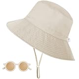 UV-Schutz UPF 50+ Sonnenhut Kinder, Breiter Krempe Nackenschutz Fischerhut Baby mit Sonnenbrille, Atmungsaktiv Bucket Hat mit Verstellbarem Kinnriemen, Strandhut für Junge, Mädchen, Beige, 2-6 Jahre