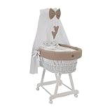 WIKLINOPOL Stubenwagen Lena aus Weide – Babywiege mit Rollen, Matratze, Baldachin & Bettwäsche aus Waffelstoff mit Safari Tiere, handgefertigt, Natur Moseskorb