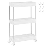 SONGMICS Rollwagen, Küchenwagen, Küchenregal, Nischenregal, mit 6 Haken, 360° drehbare Räder, Stahlgestell, Bad, Küche, Büro, 3 Ebenen, weiß KSC007W01