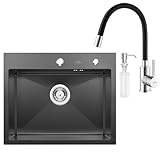 Spülbecken mit Armatur 55 x 45 cm, Auralum Einbauspile Edelstahl Schwarz Anthrazit + Flexibler Wasserhahn Küche Schwarz, Küchenspüle inkl. Seifenspender und Siphon, Spüle mit Armatur Set
