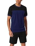 Aseniza Schlafanzug Herren Kurz Pyjama Set Baumwolle Shorty Schlafanzüge für Männer Hausanzug Kurzarm Nachtwäsche T-Shirt und Hose Zweiteilige Schwarz/Blau,XL