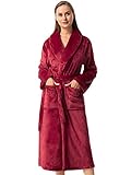 vislivin Fleece Bademantel Damen Lang Bademantel Flauschig Morgenmantel Schalkragen Saunamantel Women Robe Weinrot S