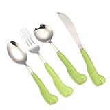Besteckset mit Tiermotiven, Keramikgriffen, Edelstahl, Silberbesteck, Tafelbesteck, Steakmesser, Gabel, Löffel, Teelöffel (Grüner Dinosaurier, 4-teilig)
