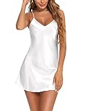 Litherday Negligee Damen Sexy Babydoll Kurz Satin Nachthemd V-Ausschnitt Nachtkleid Sommer Nachtwäsche Frau Sleepwear mit Verstellbare Träger, Weiß, M