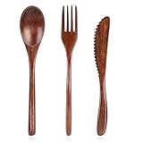 3 Stück Holzbesteck Set, Wiederverwendbarer Japanische, Besteck im Japanischen Stil, Tragbarer Löffel, Gabel, Messer, Campinggeschirr, Reisegeschirr, für Küche Zuhause Büro, Geschenkideen