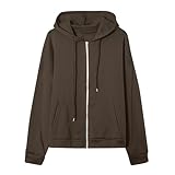 Hoodies für Damen, UK-Reißverschluss, langärmelig, einfarbig, lässig, Sweatshirts, leicht, bequem, Laufsportjacke, Kordelzug, Kapuzenmantel, lässig, modisch, mit Taschen, braun, XL