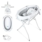SWANEW Baby Badewanne, Faltbar Babybadewanne mit Gestell 80cm, Baby Badewanne mit Temperatursensor und Bath Mat, Babybadewanne Neugeborene, Grau