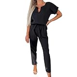 amropi Jumpsuit Damen Elegant Kurzarm Playsuit V-Ausschnitt Casual Lose Overalls Lang Romper Schwarz,XL