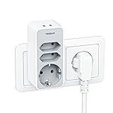 TESSAN Doppelstecker für Steckdose, 3600W Steckdosenadapter, Mehrfachstecker für Steckdose, 3 Fach Steckdosenadapter mit 2 USB, Doppelsteckdose mit USB Stecker, Stecker Kompatibel mit Phone, Grau