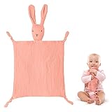 Vicloon Schmusetuch, Kuscheltuch mit Hase-Köpfchen,Doppellagiger Tüll aus 100% Bio-Baumwolle,Baby Geschenk zur Geburt Junge & Mädchen-Rosa