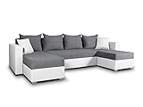 Wohnlandschaft mit Schlaffunktion Beno - U-Form Couch, Ecksofa mit Bettkasten, Couchgranitur mit Bettfunktion, Polsterecke, Big Sofa, Polstergarnitur (Weiß + Dunkelgrau (Cayenne 1111 + Enjoy 23))