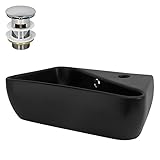 LuxeBath Waschbecken Keramik Schwarz 45x27x13 cm eckig mit Ablaufgarnitur Silber, Hahnloch rechts, Aufsatzwaschbecken/Hängewaschbecken, Waschtisch mit Überlauf, Waschschale Waschplatz Handwaschbecken