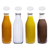 4 Glasflaschen 1000ml Saftflaschen Milchflaschen mit 8 Deckeln Weiß inkl. Etiketten