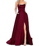 HAHAEMMA Damen Elegant Lange Ballkleider mit Taschen Satin A-Linie Backless Hochzeitskleid Abendkleider Sexy Neckholder Spaghetti Brautkleid Kleider Lang Prinzessin Brautjungfer Kleid (WR-S)