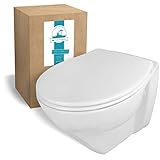 Calmwaters® Erhöhtes Wand-WC spülrandlos Modern Plus mit Toilettendeckel, 6 cm Erhöhung, inklusive abnehmbarem WC-Sitz mit Absenkautomatik und Schnellbefestigung, Tiefspüler, Weiß, 08AB5815