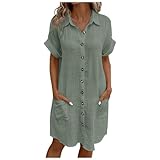 pxjsdwe Musselin Kleid Damen Sommer Kurzarm Strandkleid Freizeitkleid V-Ausschnitt Casual Sommerkleid Blusenkleid Einfarbig Elegant Midikleid Hemdkleid Leicht Locker Luftig Shirtkleid
