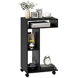 HOMCOM Beistelltisch C-Form Nachttisch mit 4 Regalen, Rollen, Couchtisch, Wohnzimmertisch Laptoptisch für Wohnzimmer Schlafzimmer 40 x 30 x 69 cm Schwarz